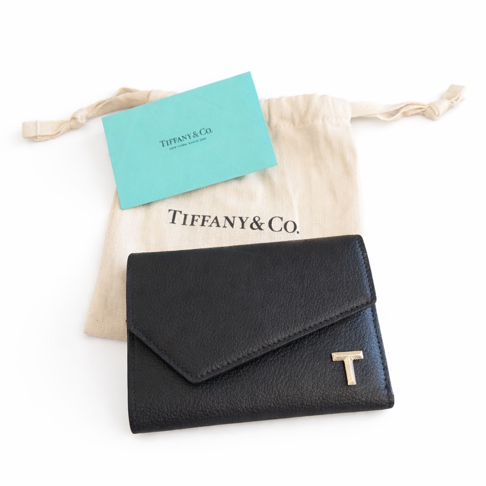 NWT Tiffany & Co. Tiffany T Black Leather Wallet Gold Italy